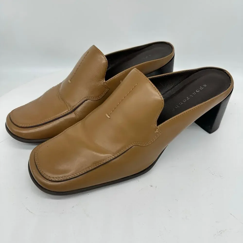 Apostrophe Cognac Block Heel Leather Square Toe Mule Womens Size 7 Y2K Vintage